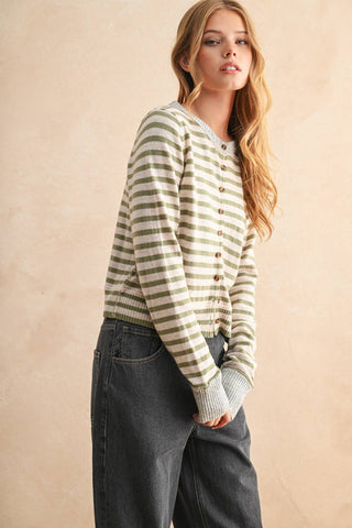 Large STRIPED PATTERN BUTTON FRONT CARDIGAN: SKY BLUE/OAT/GREY