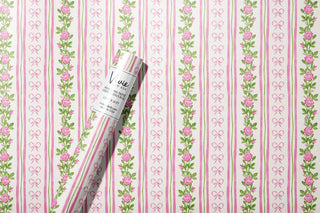 Pink and Green Rosebud Bow Stripe Floral Wrapping Paper Roll