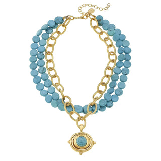 Multi-Strand Genuine Turquoise with Handcast Gold Necklace