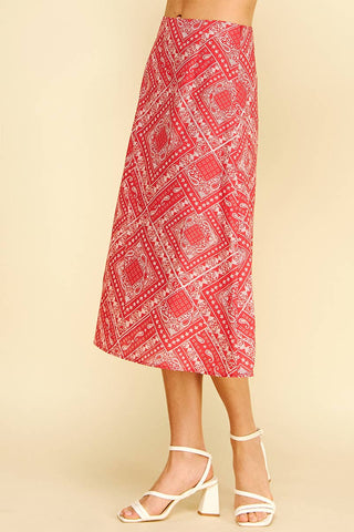 BANDANA PRINT A-LINE MIDI SKIRT - 7371S: Red / S
