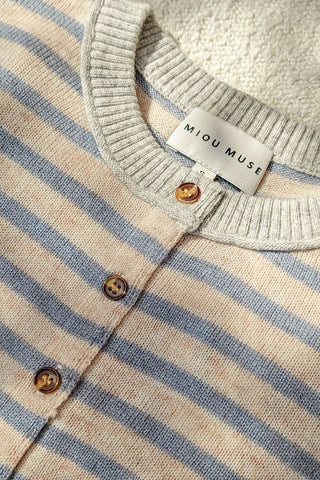 Large STRIPED PATTERN BUTTON FRONT CARDIGAN: SKY BLUE/OAT/GREY