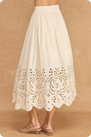 Eyelet Embroidery Detail Waist Tie Midi Skirt: Ecru / M