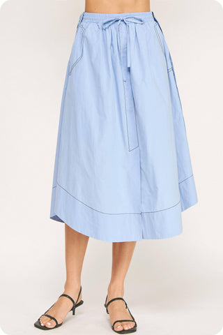 Top-stitch Relaxed Cotton Midi Skirt: Peri Blue / S