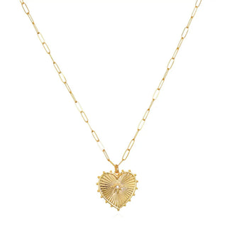 Beaded Heart Charm Paperclip Necklace: Gold