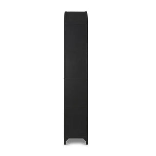 Side profile of a black iron metal cabinet with a tall and narrow design.