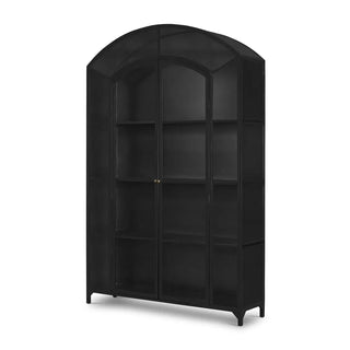 Angled side view of a wide iron metal cabinet with glass panels and a black metal frame.