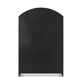 Rear view of the wide iron metal cabinet with a solid black metal back panel.