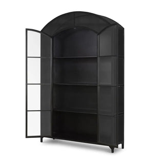 Wide iron metal cabinet with its glass doors open, showcasing spacious shelving inside.