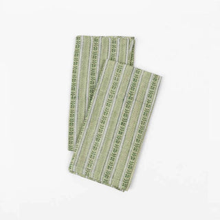 BLOCK PRINTED LINEN NAPKINS FLORAL STRIPE GREEN SET