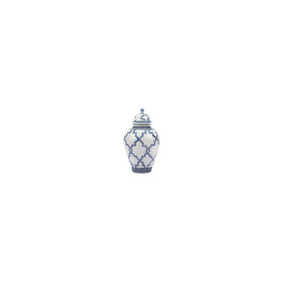 Blue & White Greek Key Grids Porcelain Temple Jar
