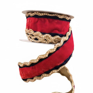 2.5" x 10yrds Red Velvet w/ Navy Beaded Edge Ribbon