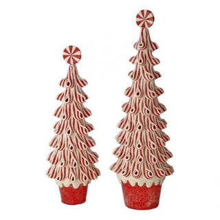 Two decorative Christmas trees with peppermint candy design on a white background