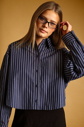 Small STRIPED BUTTON FRONT CROP SHIRTS: BROWN