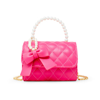 Quilted Pearl Handle Bow Ribbon Handbag: Hot Pink