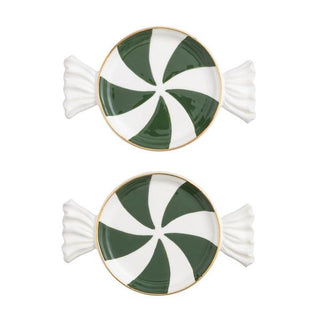 Two decorative candy-shaped plates with green and white striped design on a white background