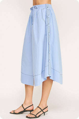 Top-stitch Relaxed Cotton Midi Skirt: Navy / L