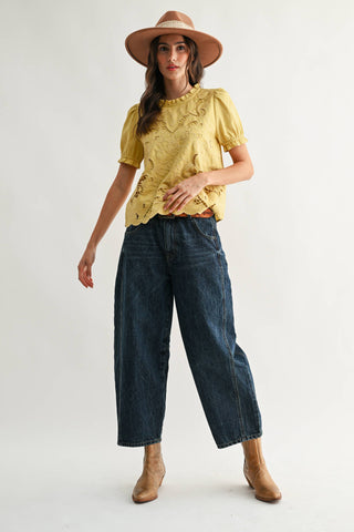 Embroidered Short Sleeve Blouse: OFF WHITE
