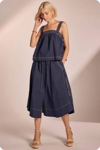 Top-stitch Relaxed Cotton Midi Skirt: Peri Blue / L