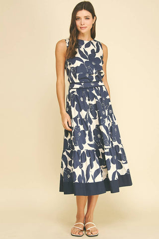FLORAL TIERED MIDI SKIRT - 7235S: NAVY / L