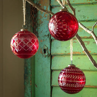 Christmas Red Glass Etched 4" Ball Ornament