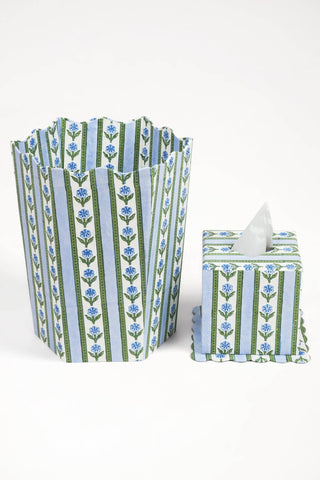 Cottage Garden Blockprint Scallop Tissue Box Cover in Blue