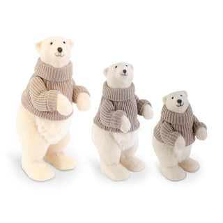 Three polar bears wearing gray sweaters on a white background