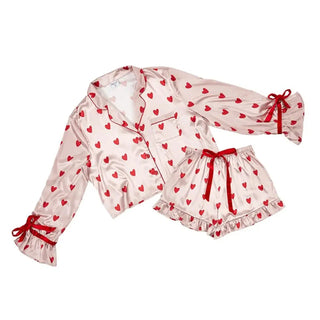 Cropped PJ Set + Velvet Ties - Pink/Red Hearts