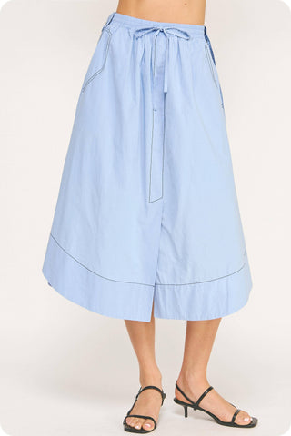 Top-stitch Relaxed Cotton Midi Skirt: Navy / L