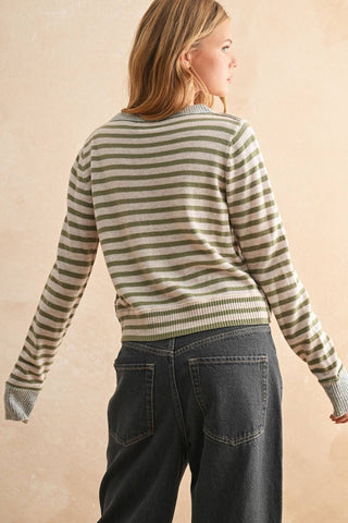 Small STRIPED PATTERN BUTTON FRONT CARDIGAN: SKY BLUE/OAT/GREY
