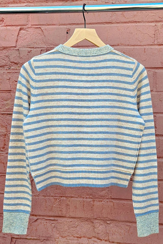 Small STRIPED PATTERN BUTTON FRONT CARDIGAN: SKY BLUE/OAT/GREY