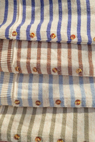 Small STRIPED PATTERN BUTTON FRONT CARDIGAN: SKY BLUE/OAT/GREY
