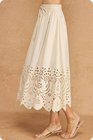 Eyelet Embroidery Detail Waist Tie Midi Skirt: Ecru / L