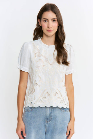 Embroidered Short Sleeve Blouse: OFF WHITE