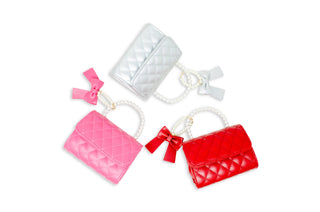 Quilted Pearl Handle Bow Ribbon Handbag: Hot Pink