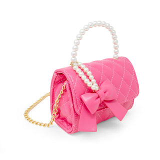 Quilted Pearl Handle Bow Ribbon Handbag: Hot Pink