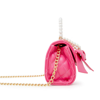 Quilted Pearl Handle Bow Ribbon Handbag: Hot Pink