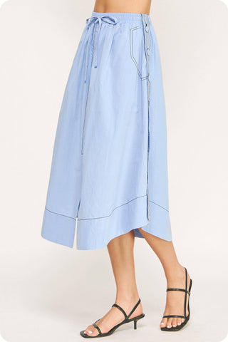 Top-stitch Relaxed Cotton Midi Skirt: Peri Blue / L