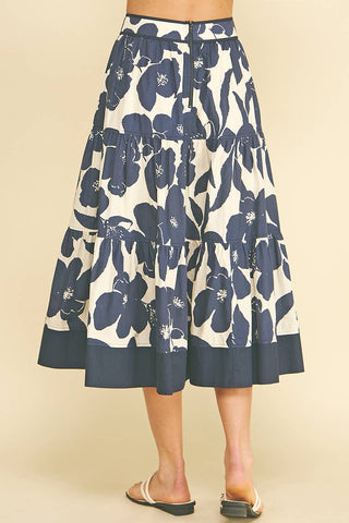 FLORAL TIERED MIDI SKIRT - 7235S: NAVY / L