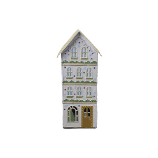Decorative house-shaped container with architectural details on a white background