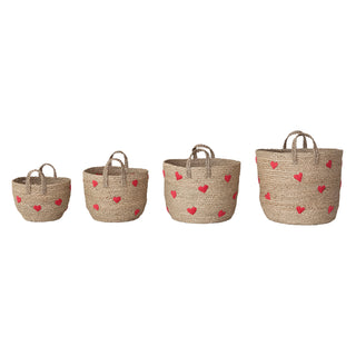 Hand-Woven Seagrass Baskets w/ Embroidered Hearts