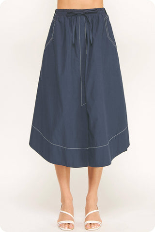 Top-stitch Relaxed Cotton Midi Skirt: Navy / S
