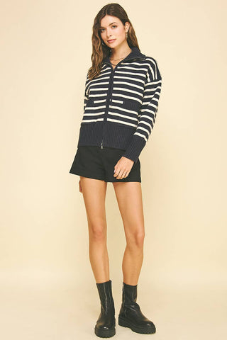 STRIPED ZIP UP SWEATER - 6373WJ: INK / ML