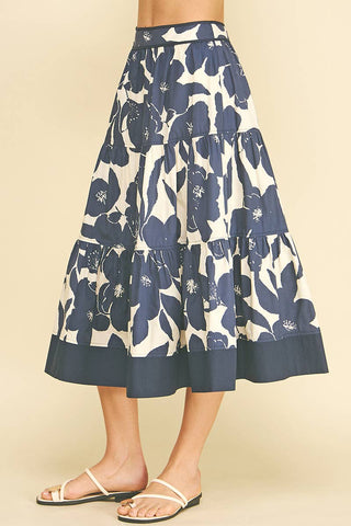 FLORAL TIERED MIDI SKIRT - 7235S: NAVY / S