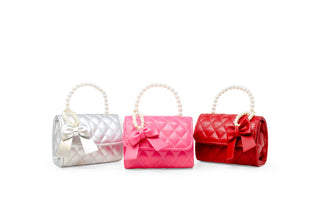 Quilted Pearl Handle Bow Ribbon Handbag: Hot Pink