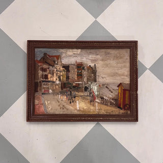 Early 1900s French Harbor Street Scene in Oil