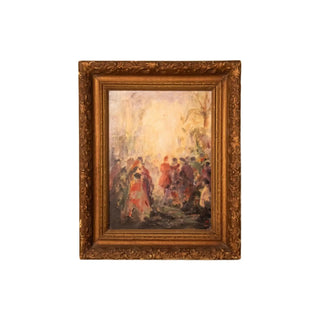Early 1900s Impressionist Oil Painting – Festive Gathering Scene in Ornate Gold Frame