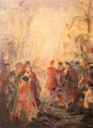 Early 1900s Impressionist Oil Painting – Festive Gathering Scene in Ornate Gold Frame