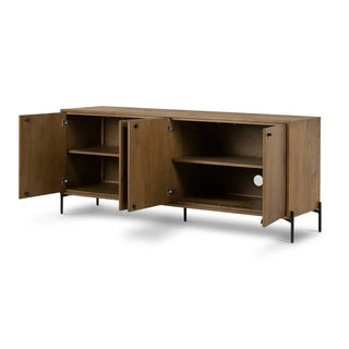 Amber oak veneer sideboard with doors open, revealing spacious interior storage and adjustable shelving.