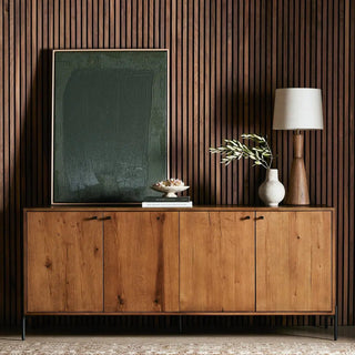 Amber oak veneer sideboard styled in a modern living space with neutral decor and a minimalist aesthetic.