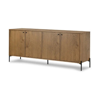 Angled perspective of an amber oak veneer sideboard, showcasing its natural wood grain and modern design.